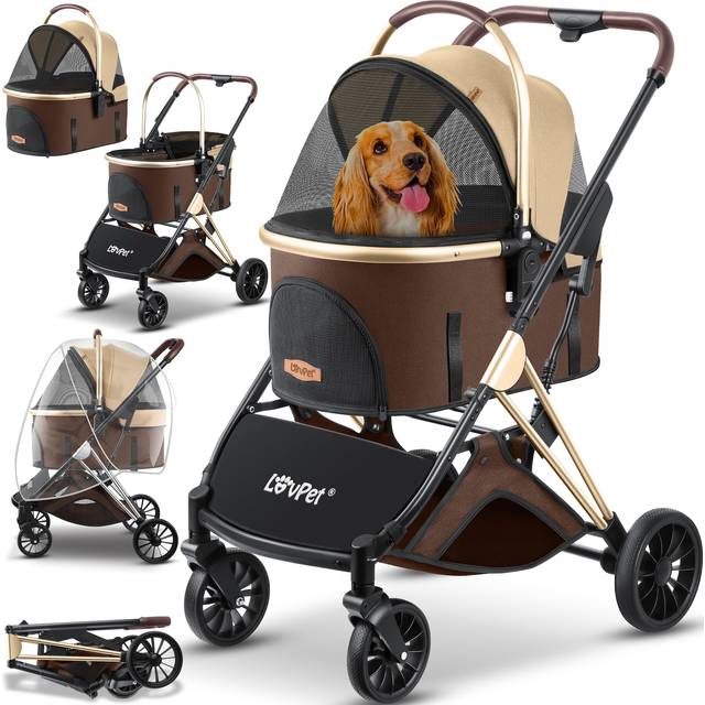 Lovpet® Hundvagn, 3-i-1-hundbur, transportbur, hopfällbar, 360° stora hjul, med nätfönster och regnskydd, joggingvagn, vagn för små hundar och katter