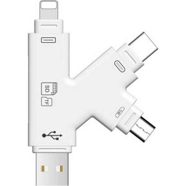 USB 2.0 SD Card Reader 4-in-1 Multi-Function Lightning Type-C USB Micro USB Interface K Shape Design for iPhone iPad iPod Touch  white