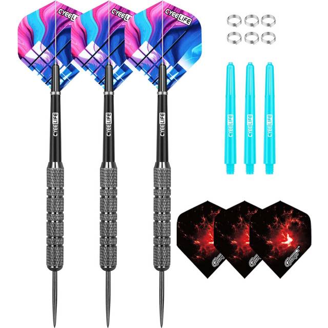 CyeeLife Steel Darts 20/24/28g/30g,Metal Spring O Rings+6 PVC Shafts+Extra Flights,3PCS House Hard Tip Dart Set for Beginners