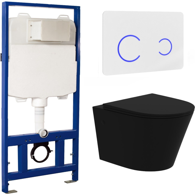 Matt Black Wall Hung Rimless Toilet with Soft Close Seat White Glass Sensor Pneumatic Flush Plate 1170mm Frame & Cistern