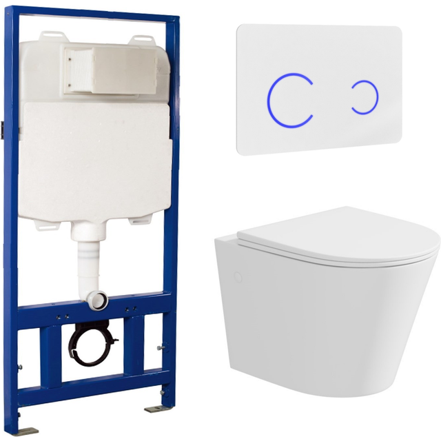 Matt White Wall Hung Rimless Toilet with Soft Close Seat White Glass Sensor Pneumatic Flush Plate 1170mm Frame & Cistern