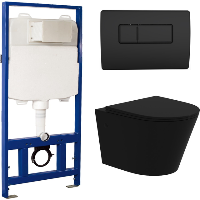 Matt Black Wall Hung Rimless Toilet with Soft Close Seat Black Pneumatic Flush Plate 1170mm Frame & Cistern - Verona