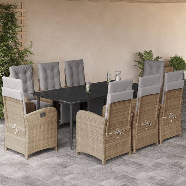 vidaXL Matgrupp för trädgården med dynor 9 delar beige konstrotting