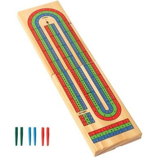 GSE Games & Sports Expert Wooden Folding 3-Track Color Coded Travel Cribbage Board with 6 Plastic Pegs  Wooden Travel Portable Cribbage Board Game Set