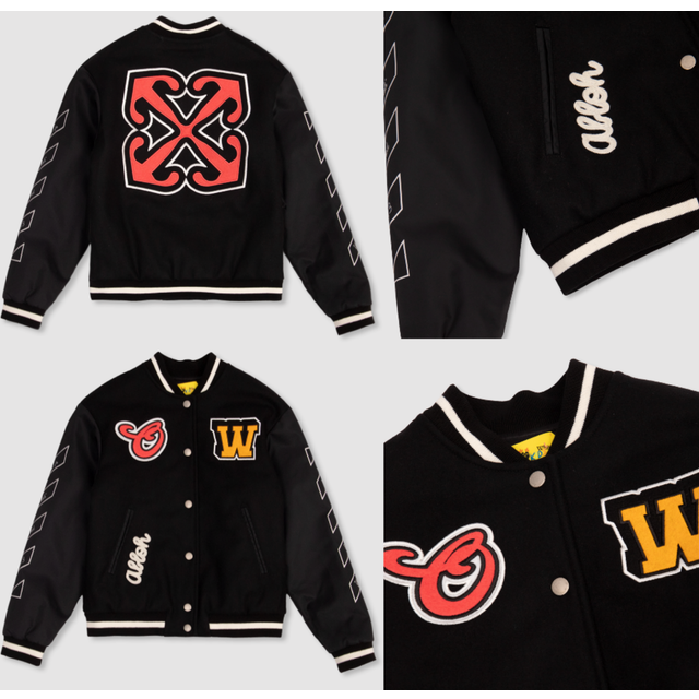 Off-white kids black varsity bomber jacket parka patches blouson 10 years