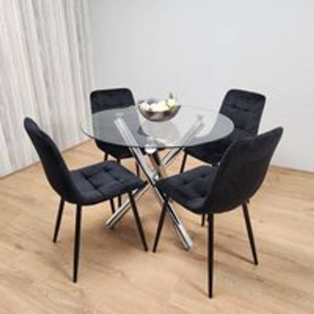 Portland 4 Seater Velvet Clear Glass Round Dining Set Black - Multi