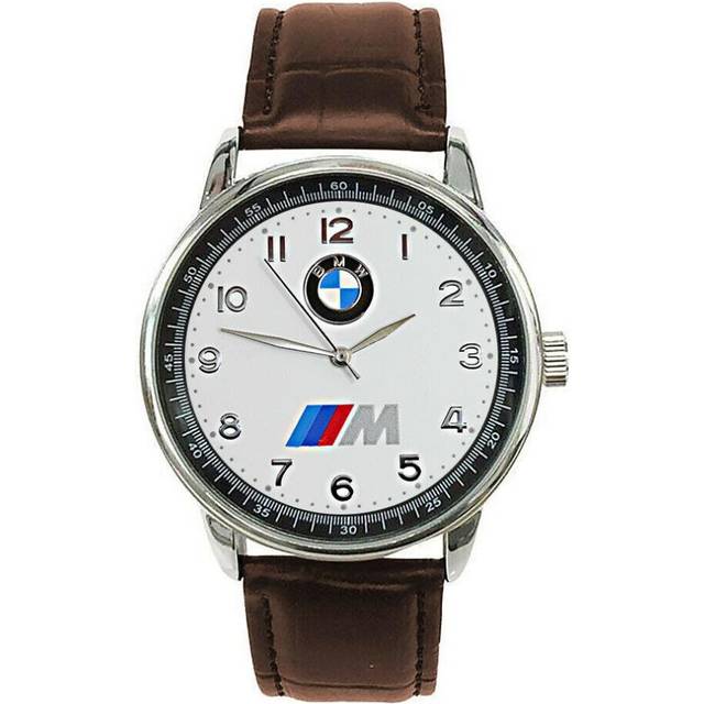 BMW Mens Stainless Steel WHITE Dial BROWN Leather Strap Sport CAR Watch - Brown