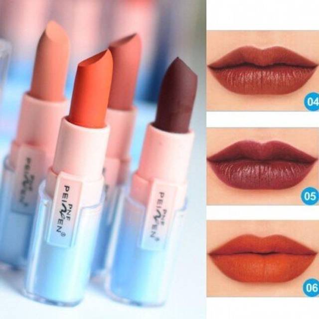 (5) PNF Fashion Nude Matte Color Lipstick Waterproof Makeup Batom Mate Moisturizer Sexy Red Lip Stick 6 Colors Lip Tint Korean