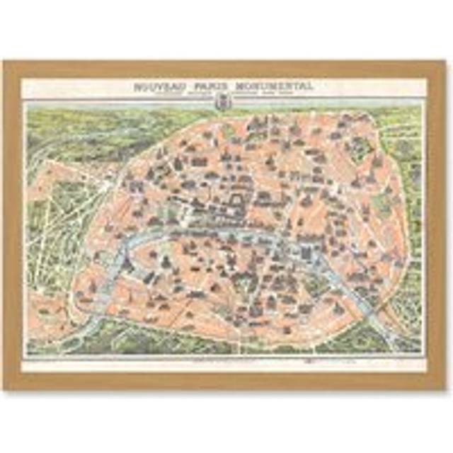 Antique Garnier Paris Tourist City Map Plan A4 Artwork Framed Wall Art Print - Tan - One Size