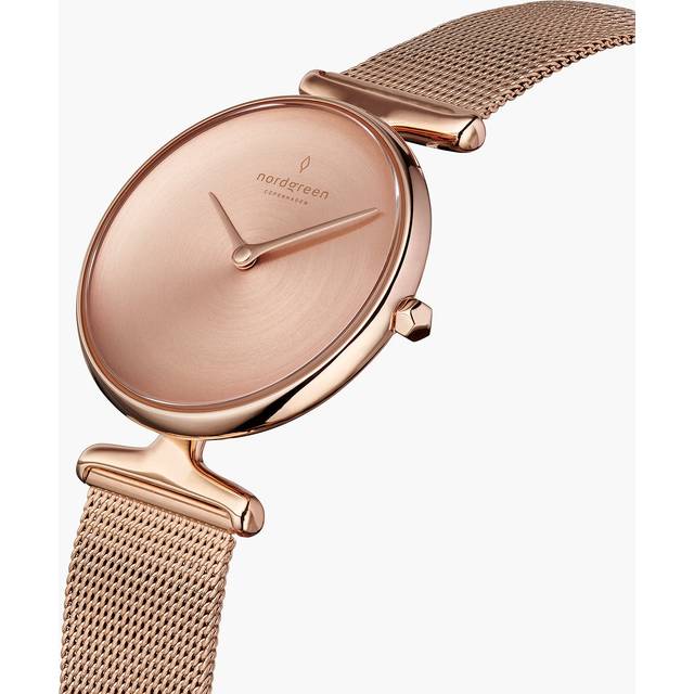 Nordgreen Best Women's Slim Designer Watch - Rose Gold Case - Brushed Metal Dial - 28mm Rose Gold Mesh Strap
