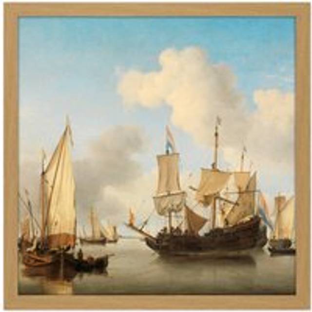 Wall Art Print Van De Velde Ships At Anchor On Coast Square Framed Picture 16X16 Inch - Tan - W16 inch x H16 inch