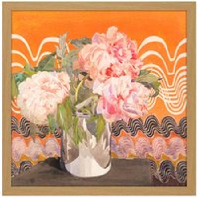 Wall Art Print Rennie Mackintosh Peonies Flowers Vase Painting Square Framed Picture 16X16 Inch - Tan - W16 inch x H16 inch