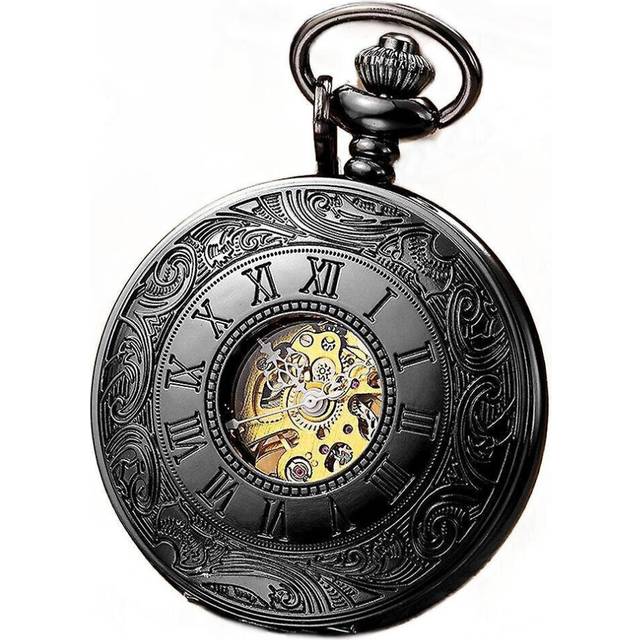 All Black Exquisite Engraved Roman Numeral Mechanical Pocket Watch With Chain, Simple Retro, Sin - Multicoloured