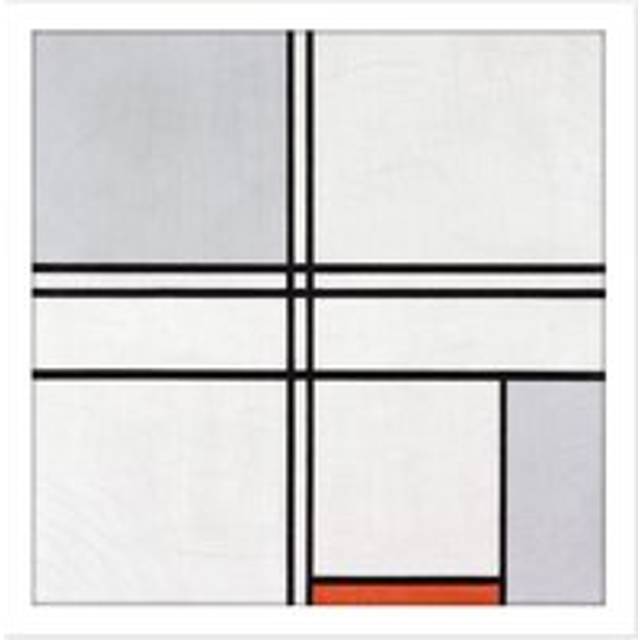 Wall Art Print Mondrian Composition No 1 Gray-red Abstract Painting Square Framed Picture 16X16 Inch - White - W16 inch x H16 inch