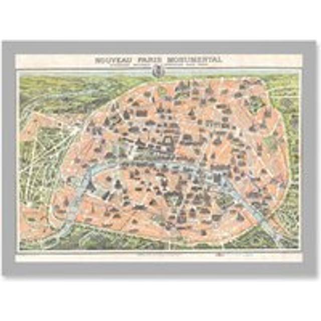 Antique Garnier Paris Tourist City Map Plan A4 Artwork Framed Wall Art Print - Grey - One Size