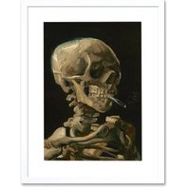 Old Master Painting Van Gogh 1886 Head of a Skeleton with a Burning Cigarette Gothic Skull Print Framed Wall Art Print Picture 12X16 inch - White - On - One Size