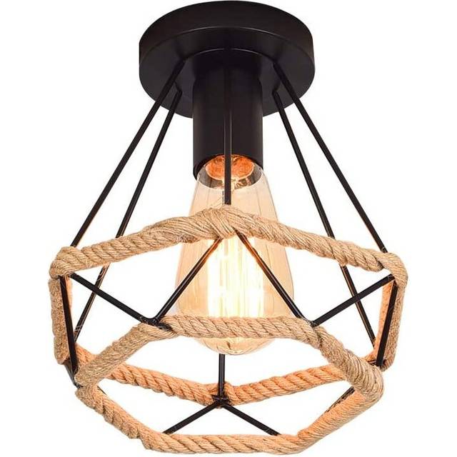 Industrial Pendant Light Retro Vintage Ceiling Lamp Diamond Shaped Metal Cage Iron Chandelier Hemp Rope Ceiling Light Black
