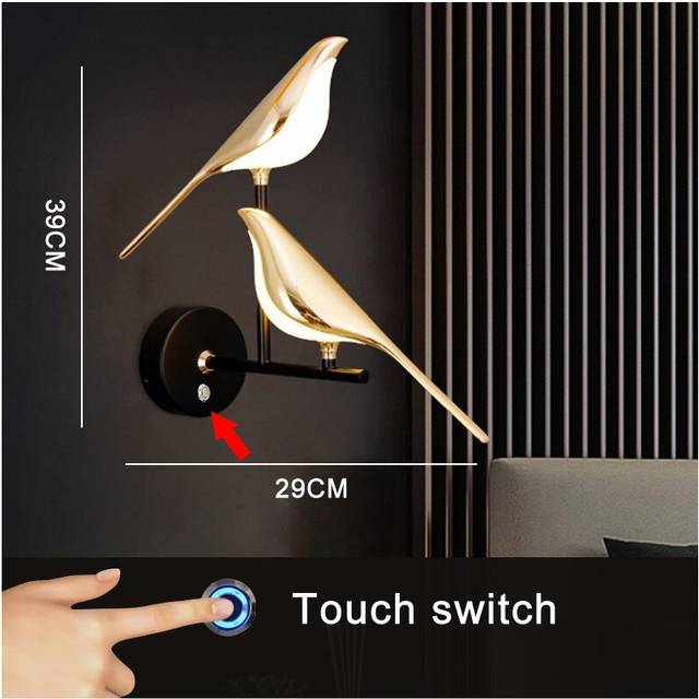 (2head Touch switch, White Light) Nordic LED Golden Bird Wall Lamp Parlor Bar Bedside Hanging Light Novelty Rotatable
