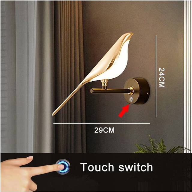(1head Touch switch, White Light) Nordic LED Golden Bird Wall Lamp Parlor Bar Bedside Hanging Light Novelty Rotatable