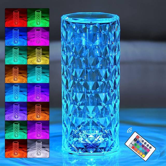 16 RGD Color Changing Crystals Small Table Lamp Rose Diamond Touch Lamp Romantic Dimmable LED Night Light Festive Atmosphere Light USB Charging