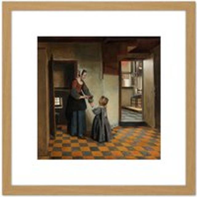 Pieter De Hooch Woman With A Child In A Pantry 8X8 Inch Square Wooden Framed Wall Art Print Picture with Mount - Tan - One Size