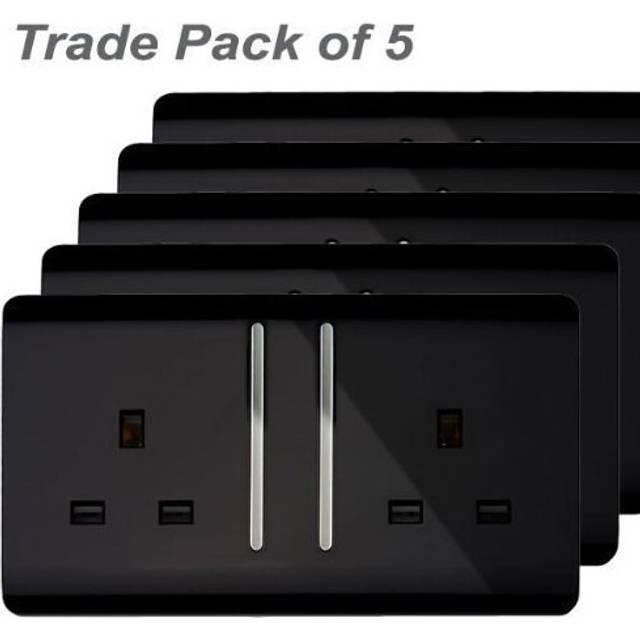 Trendi 2 Gang Artistic Modern Glossy 13 Amp Switched Tactile Plug Socket Black Trade Pack (x5)