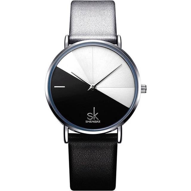 Simple Women Watches Ladies Quartz Black White Segmentation Design Comfortable Leather Strap Female Clock