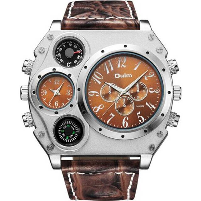 Men Business Quartz Watch Stylish Luxury Leather Watchband Two Time Zones Wristwatch