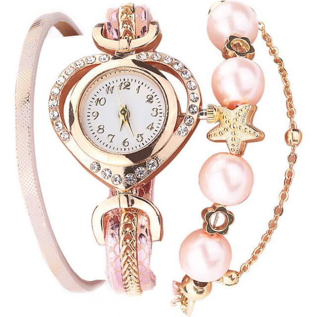 Women's Fashion Retro Shiny Pearl Bracelet Diamond Dial Watch Circle Women's Bracelet Watch - White