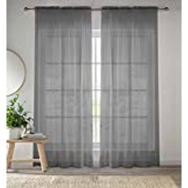 Tyrone Textiles 57x90" Grey Sheer Pair of Plain Woven Voile Slot Top Curtain Panels (145x229cm), Grey