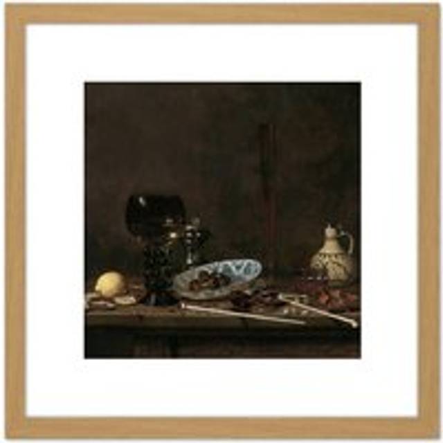 Van De Velde Still Life Flute Glass Jug Painting 8X8 Inch Square Wooden Framed Wall Art Print Picture with Mount - Tan - One Size