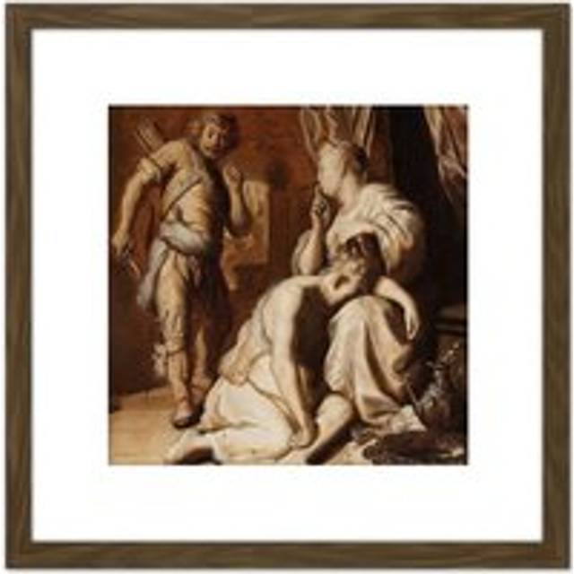 Rembrandt Samson And Delilah Painting 8X8 Inch Square Wooden Framed Wall Art Print Picture with Mount - Brown - One Size