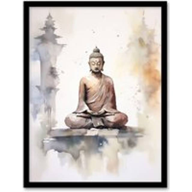 Wall Art Print Buddha Vihara Meditation Prayer Soft Neutral Watercolour Painting Artwork Framed - Beige - W12 inch x H16 inch