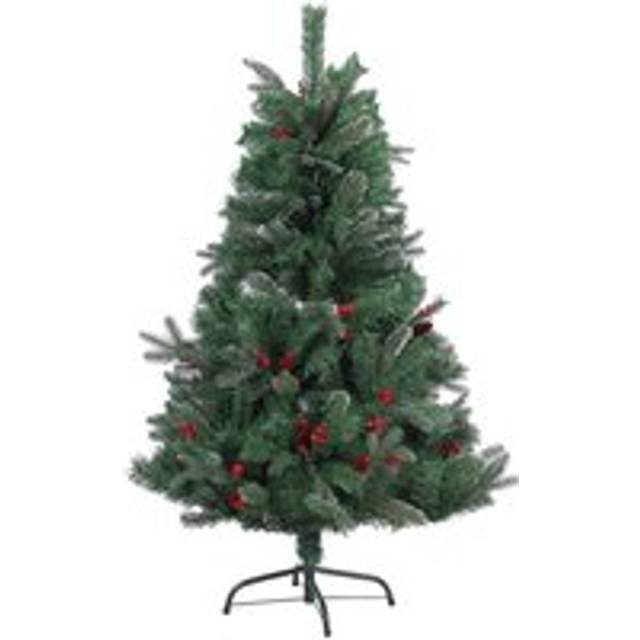 Shatchi - Big Large 5ft Pre Artificial Green Christmas Tree with Frosted Tips, Red Pine Cones and Barriers