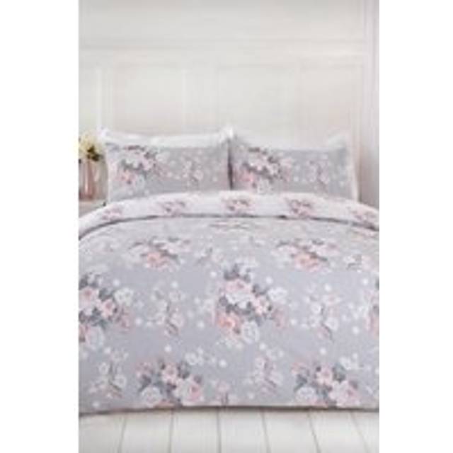 Dreamscene English Rose Floral Duvet Cover Bedding Set - Silver / Double