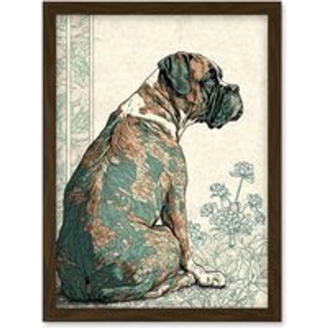 Boxer Dog with Floral Pattern Fur Coat Modern Watercolour and Ink Illustration Artwork Framed Wall Art Print A4 - Tan - One Size