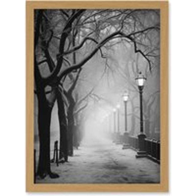Wall Art Print Snow Covered Street in the Misty Glow of Light Posts Atmospheric Black and White Photograph Winter Scene Artwork Framed A4 - Tan - A4