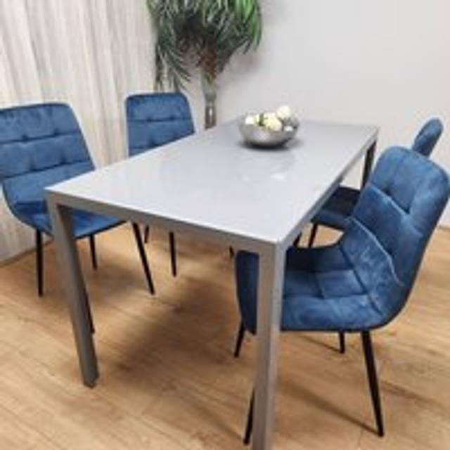Kosy Koala - Dining Table and 4 Blue Velvet Chairs Grey Glass Table 4 Velvet Chairs Dining Room Furniture