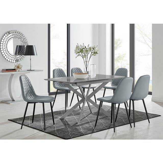 Eubanks Modern High Gloss Extendable Dining Table Set with Luxury Faux Leather Dining Chairs - Grey