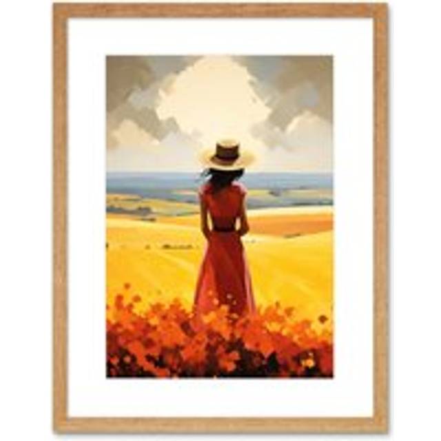 Wall Art Print Golden Countryside by the Sea Oil Painting Woman Looking over Horizon in Coastal Farmland Landscape Artwork Framed 9X7 Inch - Beige - W - W7 inch x H9 inch