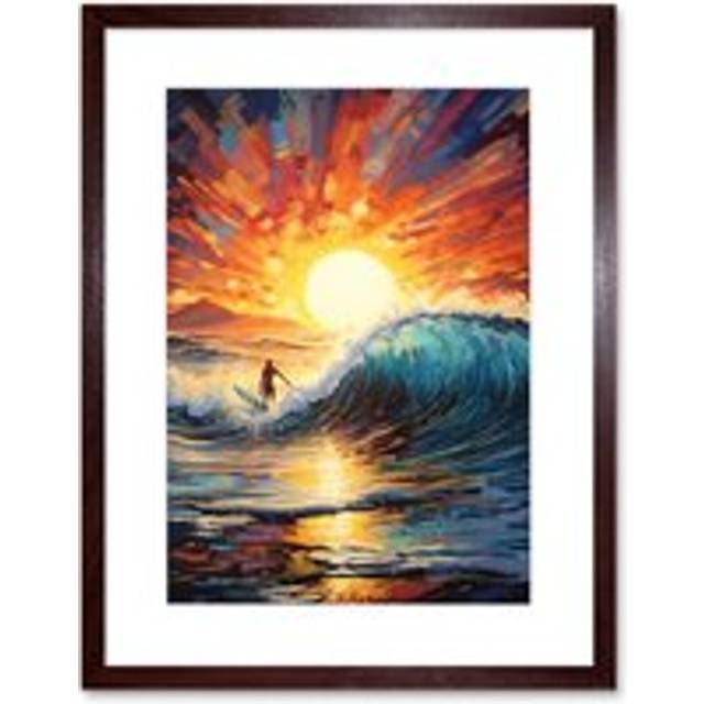 Wall Art Print Sunset Surf Waves Surfing Artwork Vibrant Blue Purple Orange Setting Sun Behind Surfer in Wavy Seascape Artwork Framed 9X7 Inch - Brown - W7 inch x H9 inch