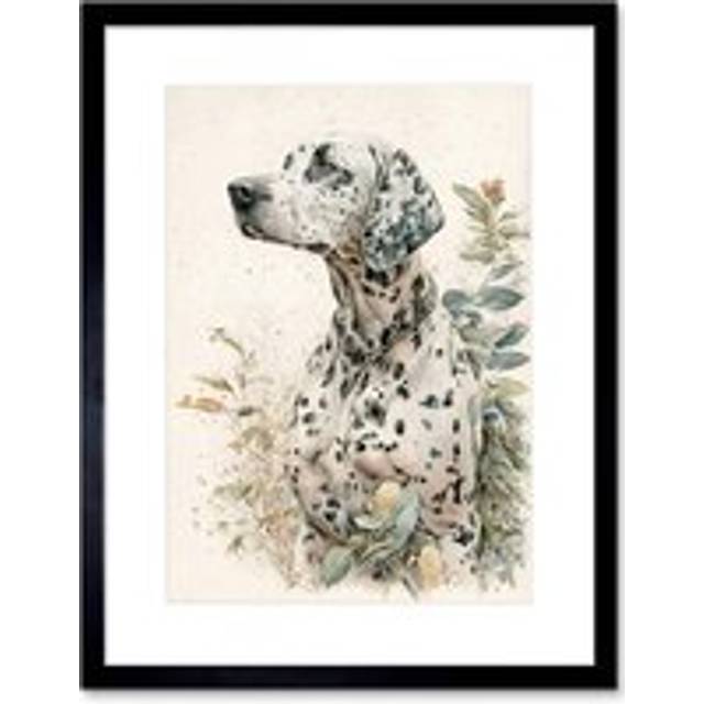 Wall Art Print Dalmatian Dog in Field Soft Watercolour Pencil Portrait Artwork Framed 9X7 Inch - Black - W7 inch x H9 inch