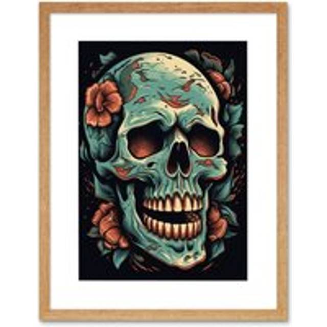 Wall Art Print Flowers Skull Old School USA Tattoo Ink Body Art Rockabilly Americana 50s Artwork Framed 9X7 Inch - Beige - W7 inch x H9 inch