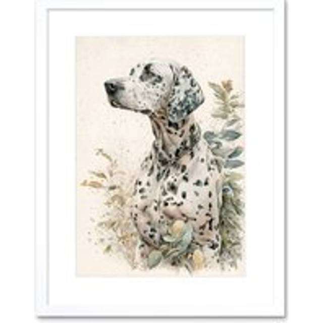 Wall Art Print Dalmatian Dog in Field Soft Watercolour Pencil Portrait Artwork Framed 9X7 Inch - White - W7 inch x H9 inch
