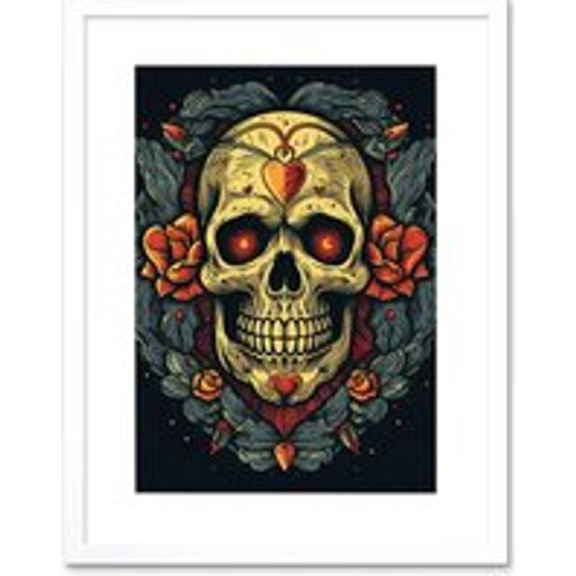 Wall Art Print Skull Roses and Heart Tattoo Ink Body Art Rockabilly Americana 50s Artwork Framed 9X7 Inch - White - W7 inch x H9 inch