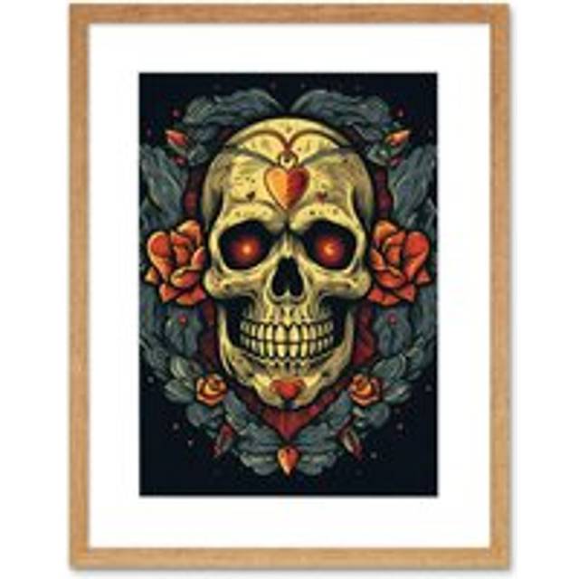 Wall Art Print Skull Roses and Heart Tattoo Ink Body Art Rockabilly Americana 50s Artwork Framed 9X7 Inch - Beige - W7 inch x H9 inch