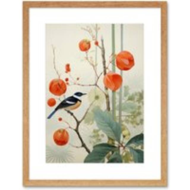 Wall Art Print Small Bird on Blooming Tree Branch Botanical Artwork Red Teal Nature Study Audubon Style Artwork Framed 9X7 Inch - Beige - W7 inch x H9 - W7 inch x H9 inch