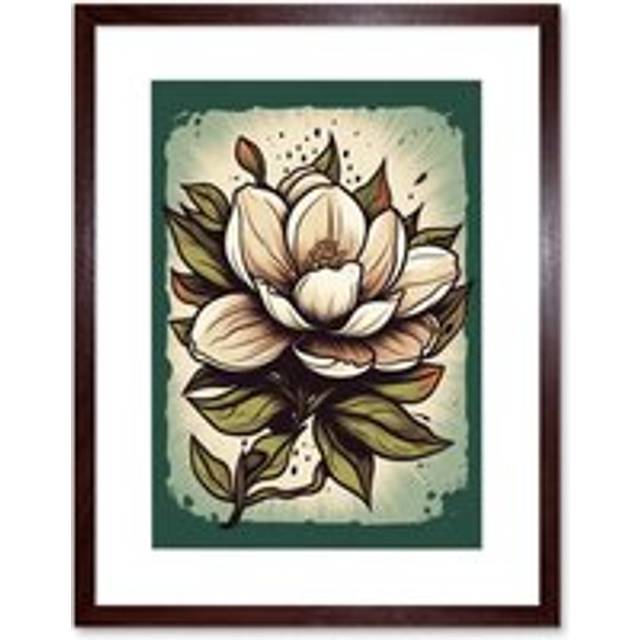 Wall Art Print Old School Magnolia Flower USA Tattoo Ink Body Art Rockabilly Americana 50s Artwork Framed 9X7 Inch - Brown - W7 inch x H9 inch