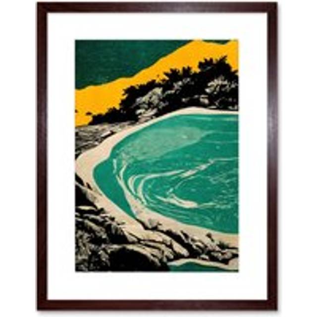Wall Art Print Beach Lagoon Abstract Marbled Seascape Mustard Teal Artwork Framed 9X7 Inch - Brown - W7 inch x H9 inch