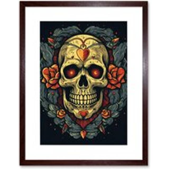 Wall Art Print Skull Roses and Heart Tattoo Ink Body Art Rockabilly Americana 50s Artwork Framed 9X7 Inch - Brown - W7 inch x H9 inch